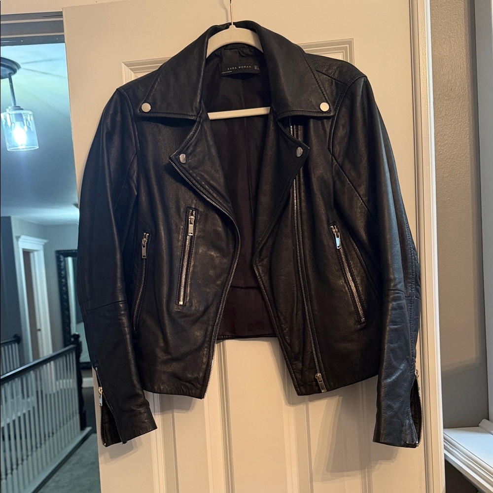 Zara Black Leather Biker Jacket with Silver Hardware